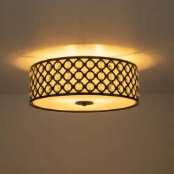 3-Light Round Drum Crystal Accented Fabric Flush Mount