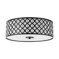 3-Light Round Drum Crystal Accented Fabric Flush Mount