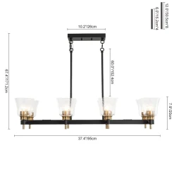 8-Light Seeded Glass Black Brass Linear Island Chandelier