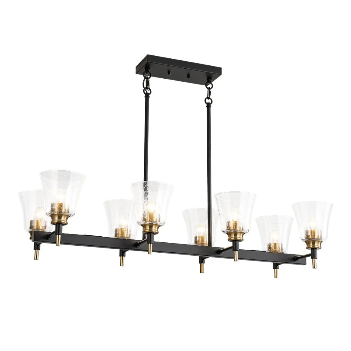 8-Light Seeded Glass Black Brass Linear Island Chandelier
