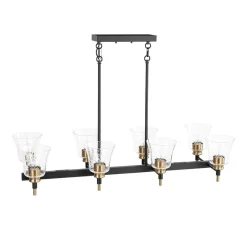 8-Light Seeded Glass Black Brass Linear Island Chandelier