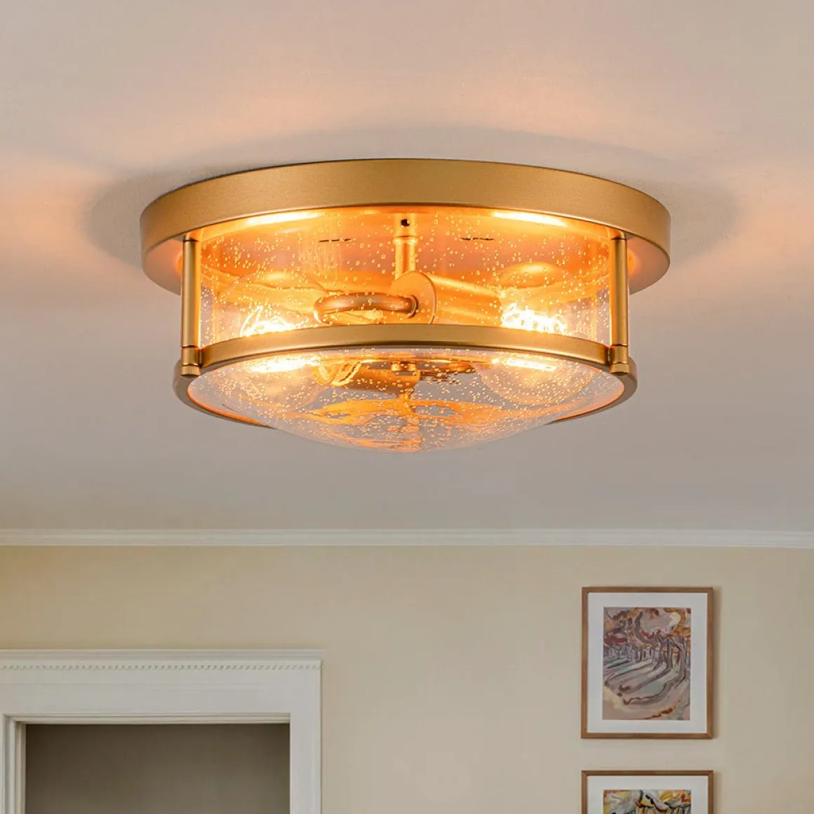 2-Light Seeded Glass Round Flush Mount Ceiling Light