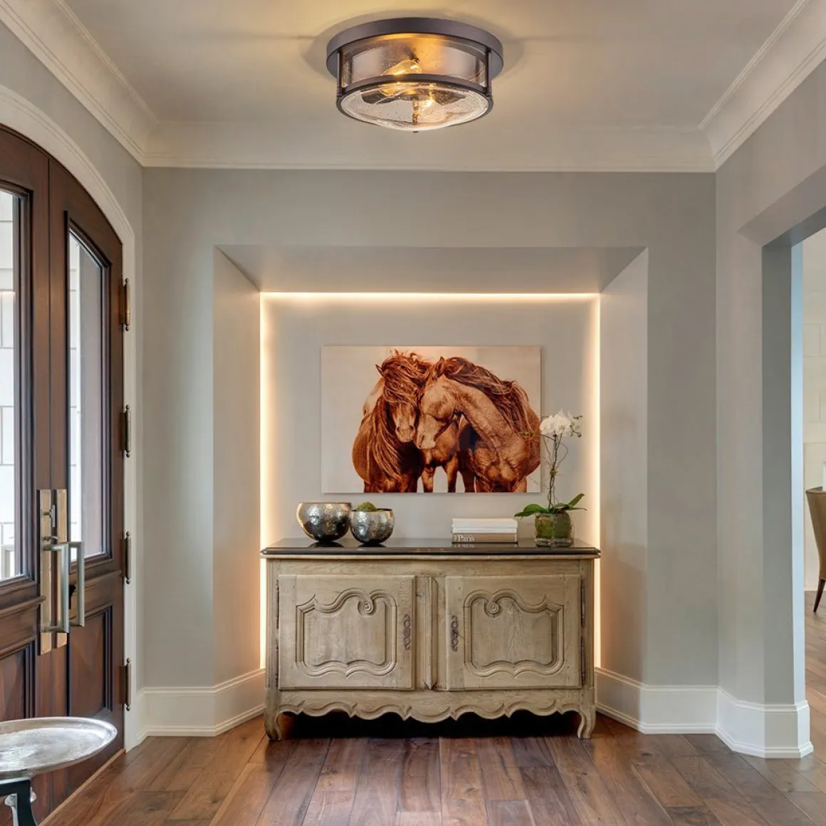 2-Light Seeded Glass Round Flush Mount Ceiling Light