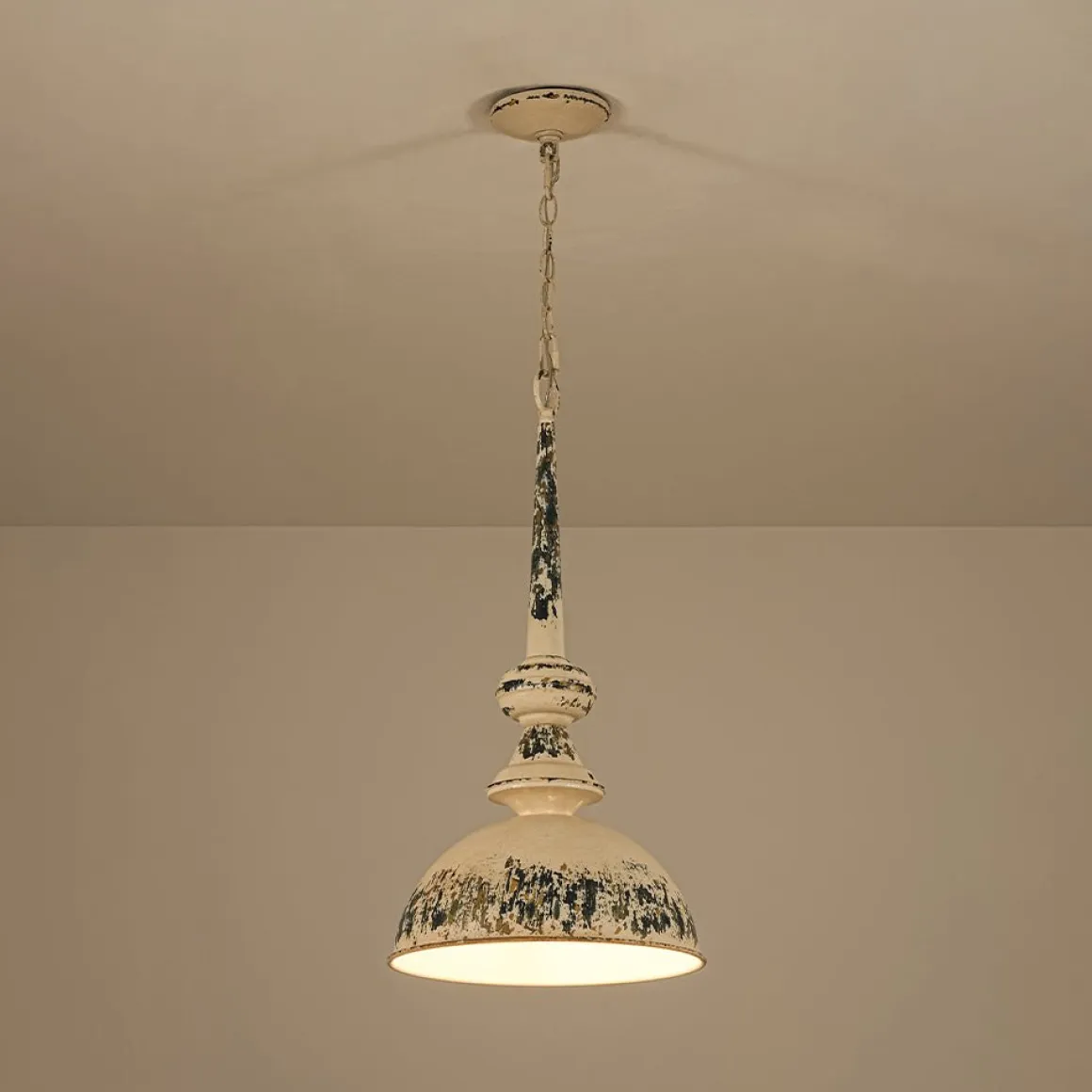 1-Light Shabby Chic Distressed Beige Metal Dome Pendant