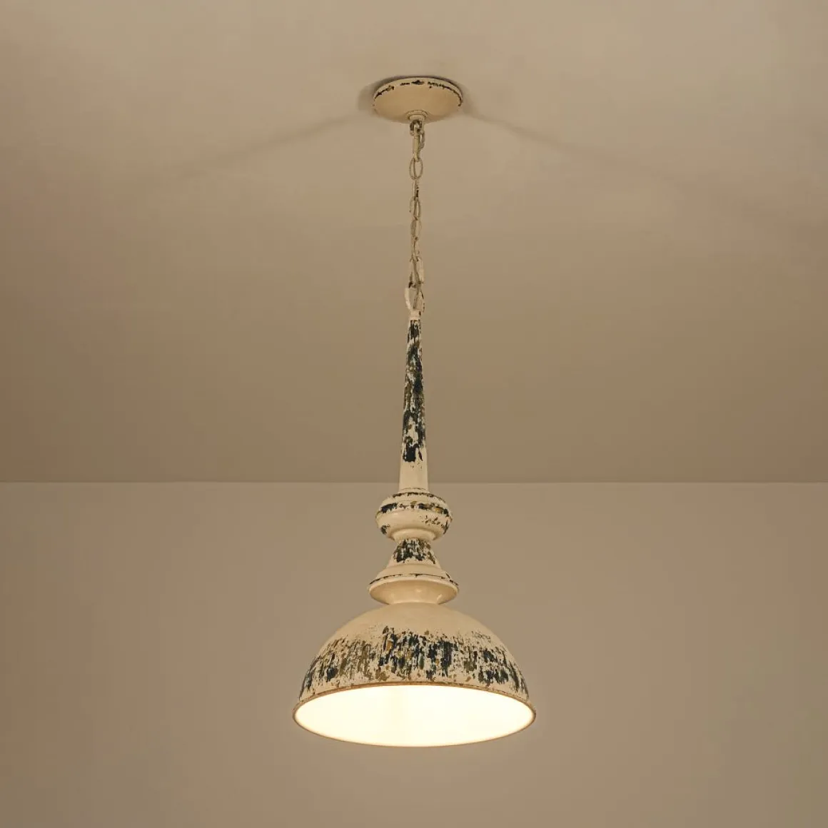 1-Light Shabby Chic Distressed Beige Metal Dome Pendant