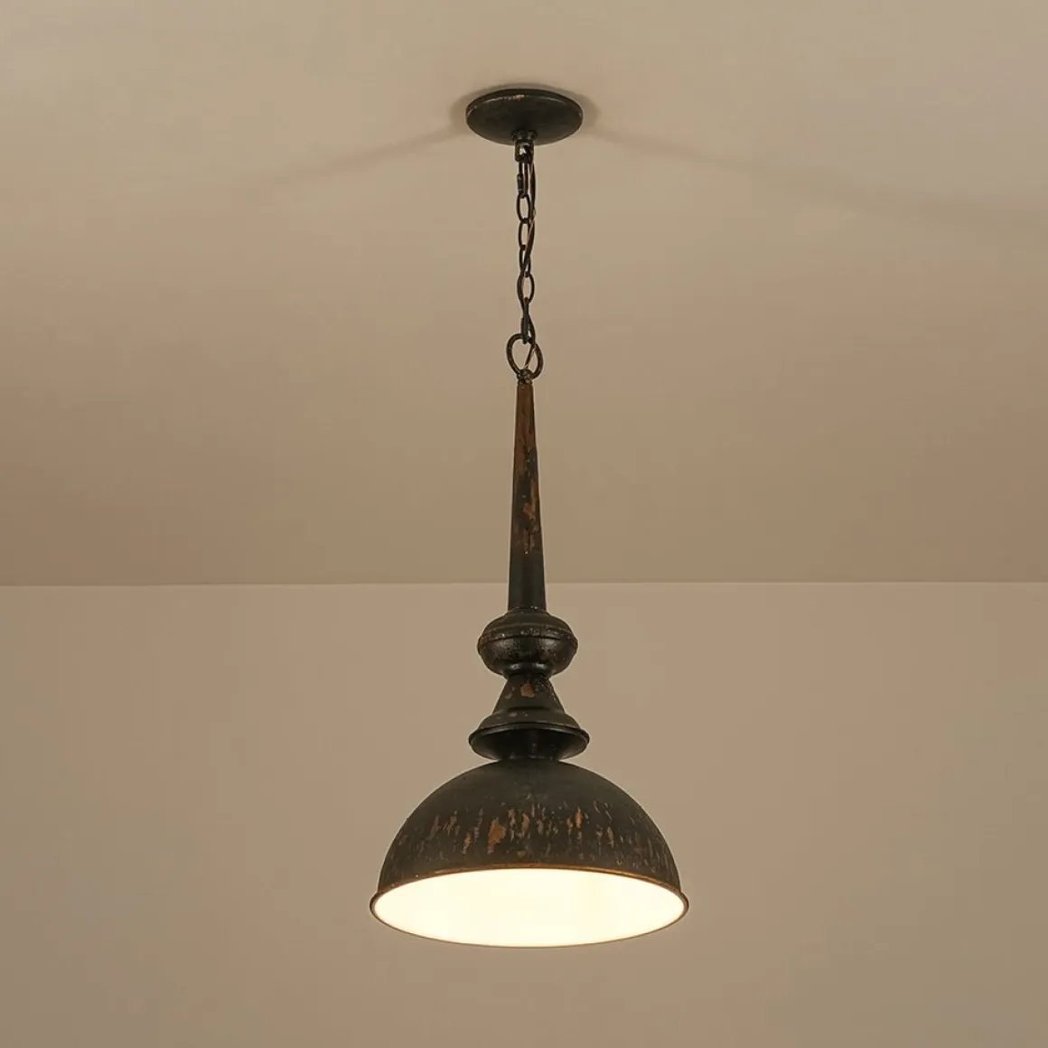 1-Light Shabby Chic Distressed Beige Metal Dome Pendant