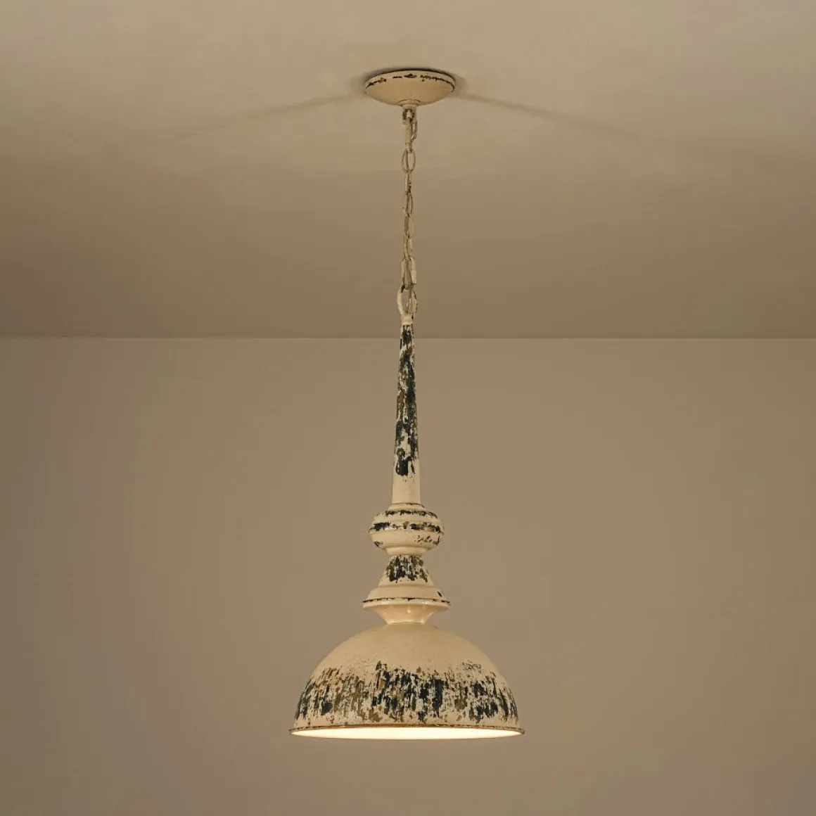 1-Light Shabby Chic Distressed Beige Metal Dome Pendant