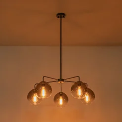 5-Light Smoked Grey Tinted Glass Globe Round Sputnik Chandelier