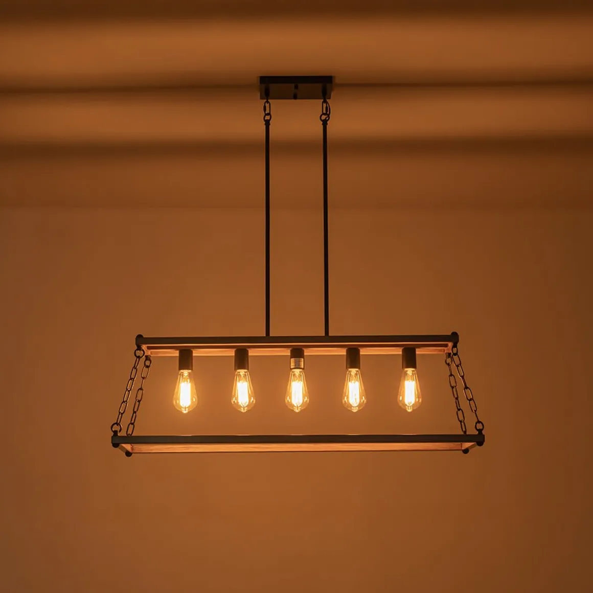 5-Light Trapezoid Wood Grain Chain Linear Island Chandelier