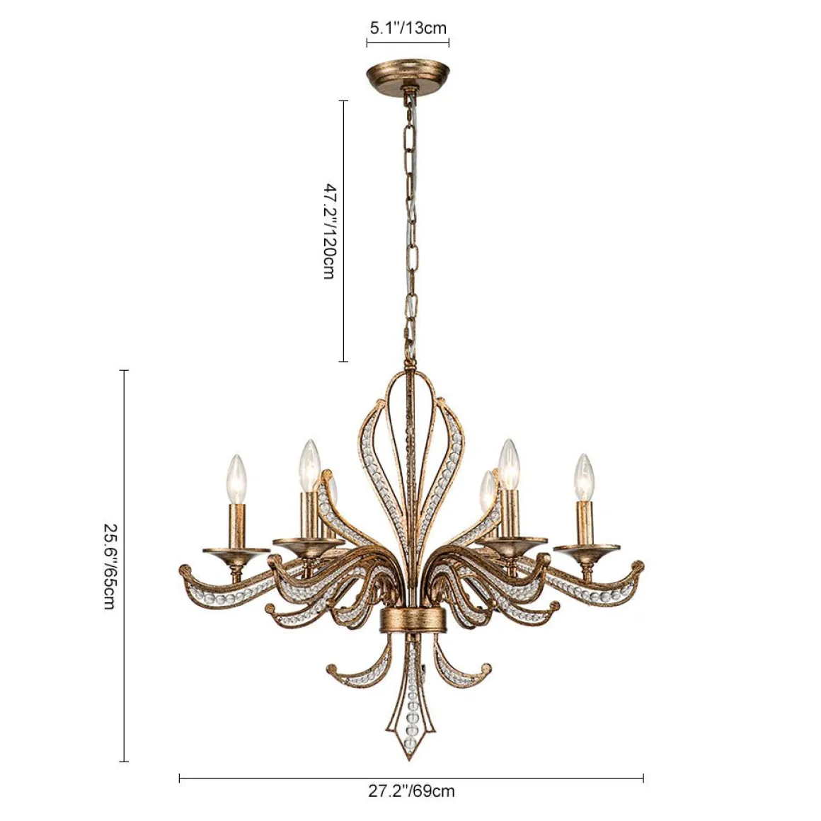6-Light Vintage Candle Style Chandelier Crystal Beads