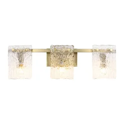 3-Light Water Glass Square Panel Brass Vanity Wall Sconce