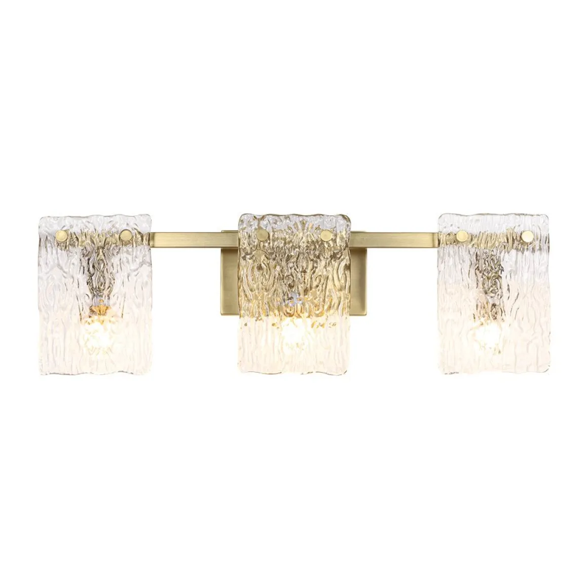 3-Light Water Glass Square Panel Brass Vanity Wall Sconce