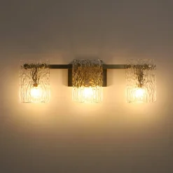 3-Light Water Glass Square Panel Brass Vanity Wall Sconce