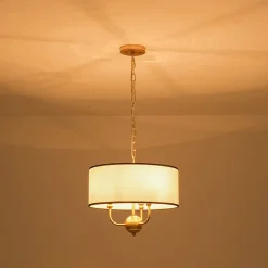 3-Light White Fabric Candle Style Round Drum Cage Pendant