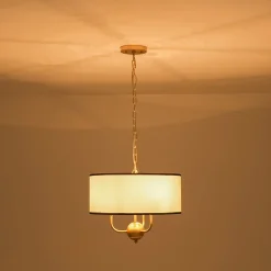 3-Light White Fabric Candle Style Round Drum Cage Pendant