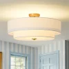 4-Light White Linen Round Drum Brass Semi Flush Mount