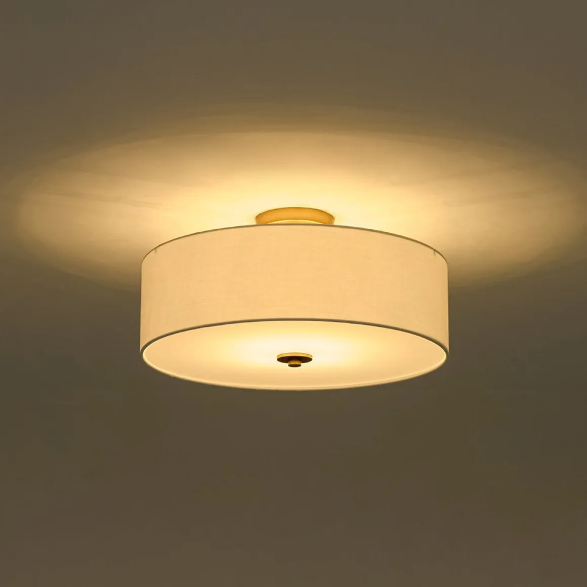4-Light White Linen Round Drum Brass Semi Flush Mount