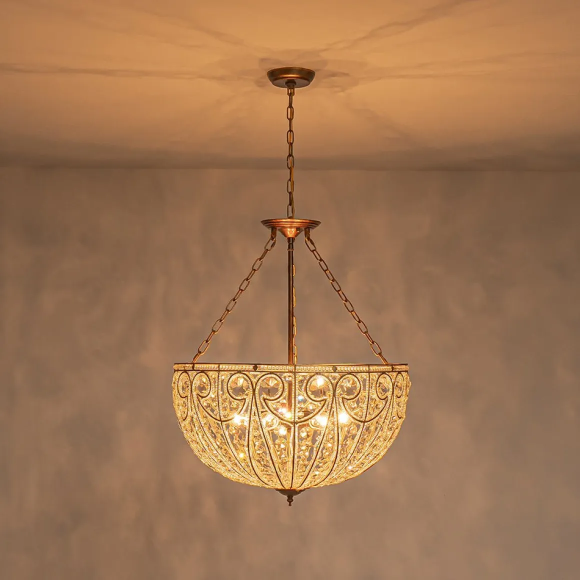 Luxe Moroccan Antique Bronze Crystal Round Cage Chandelier