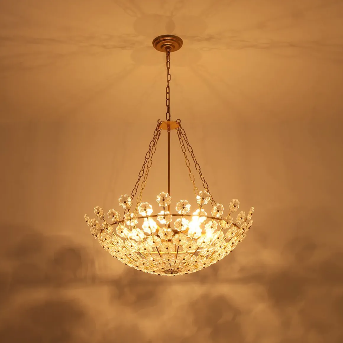 Luxe Sculpture Bloom Glass Floral Brass Basket Chandelier