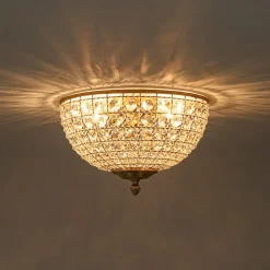 Luxe Vintage French Brass Round Crystal Cage Flush Mount Light