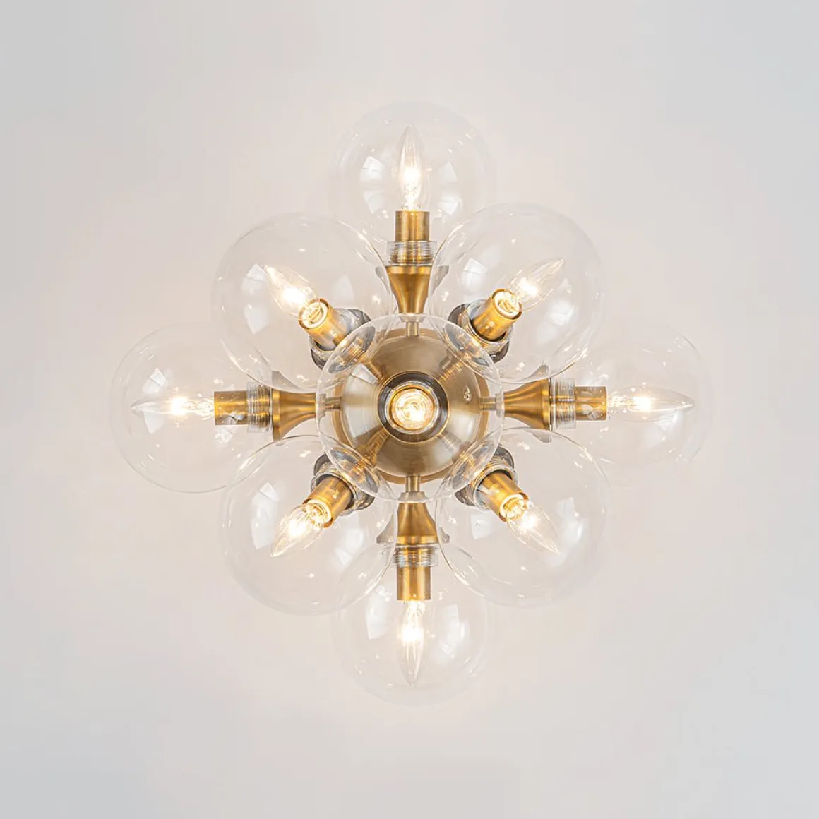 Mid-Century Brass Glass Bubble Tiered Semi Flush Chandelier