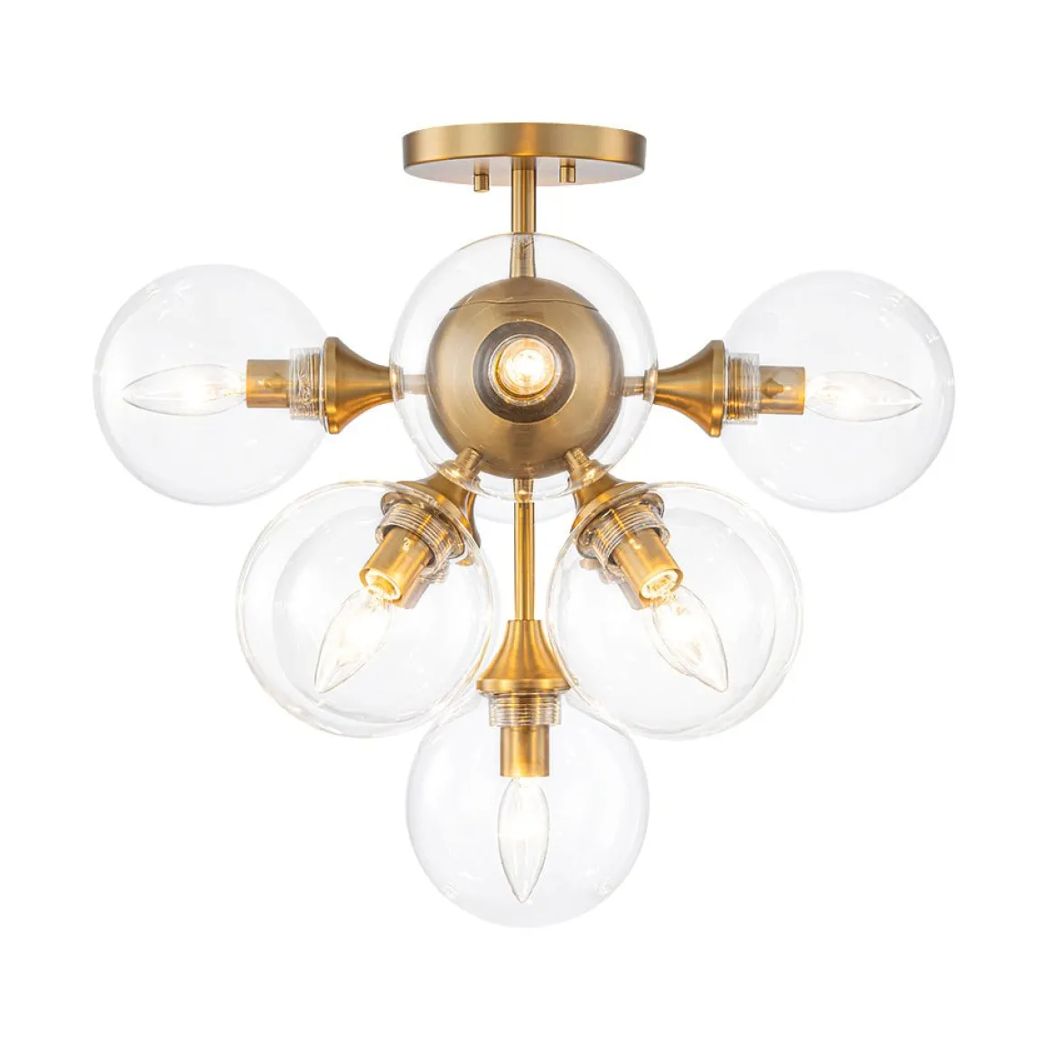 Mid-Century Brass Glass Bubble Tiered Semi Flush Chandelier