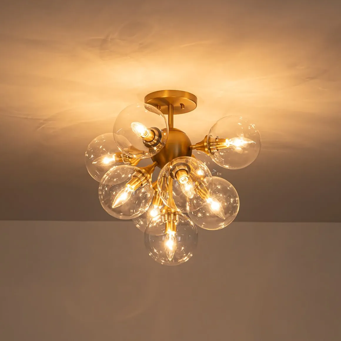 Mid-Century Brass Glass Bubble Tiered Semi Flush Chandelier