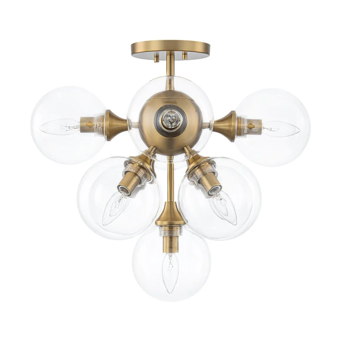 Mid-Century Brass Glass Bubble Tiered Semi Flush Chandelier
