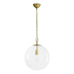 Mid-Century Brass 1-light Clear Reeded Glass Globe Pendant