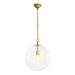Mid-Century Brass 1-light Clear Reeded Glass Globe Pendant