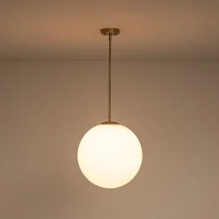 Mid-Century Brass 1-light Shine Opal Glass Globe Pendant