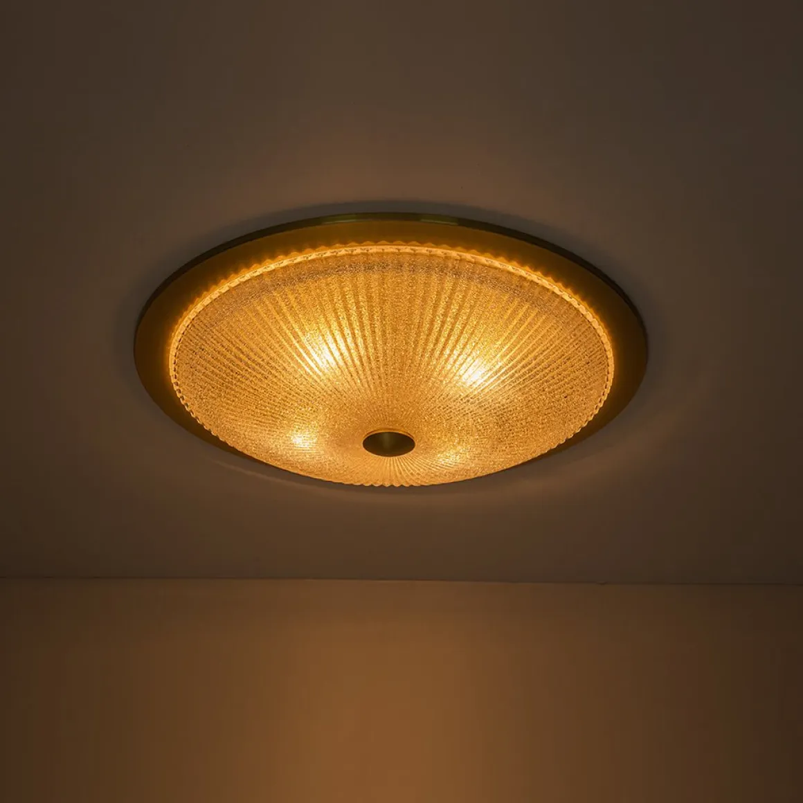 Mid-Century Brass Ribbed Textured Scalloped Glass Flush Mount