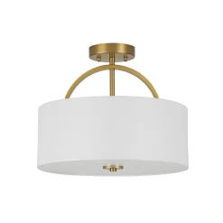 Mid-Century Brass Wide Linen Drum Semi Flush Mount