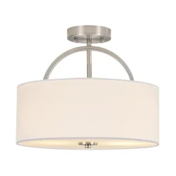 Mid-Century Brass Wide Linen Drum Semi Flush Mount