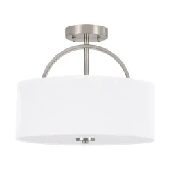 Mid-Century Brass Wide Linen Drum Semi Flush Mount