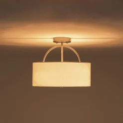 Mid-Century Brass Wide Linen Drum Semi Flush Mount