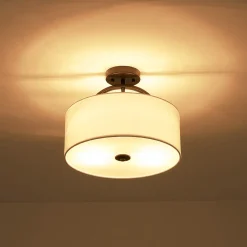 Mid-Century Brass Wide Linen Drum Semi Flush Mount