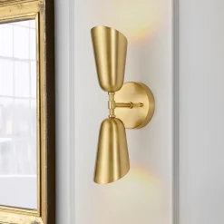 Mid-Century Brushed Brass 2-Light Up Down Dual Cone Wall Lamp