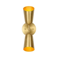 Mid-Century Brushed Brass 2-Light Up Down Dual Cone Wall Lamp