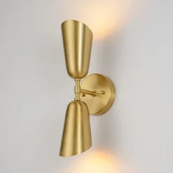 Mid-Century Brushed Brass 2-Light Up Down Dual Cone Wall Lamp