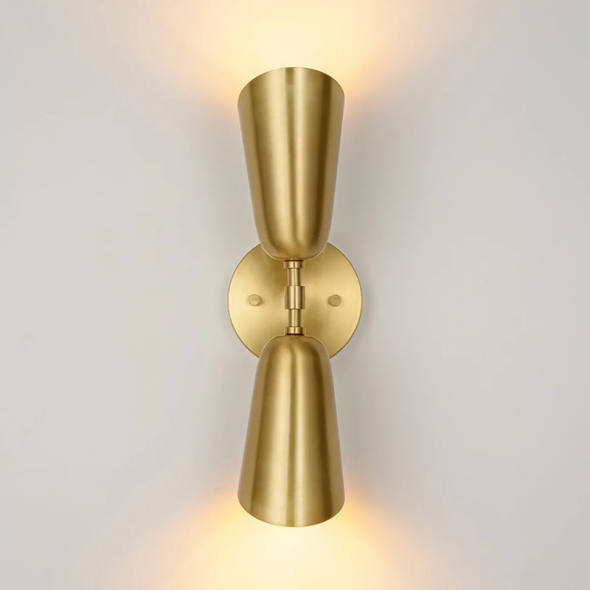 Mid-Century Brushed Brass 2-Light Up Down Dual Cone Wall Lamp
