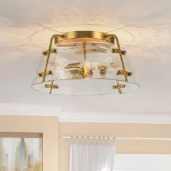 Mid-Century Clear Textured Glass Drum Flush Mount Light