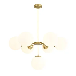 Mid-Century 7-light Brass Opal Glass Globe Sputnik Chandelier