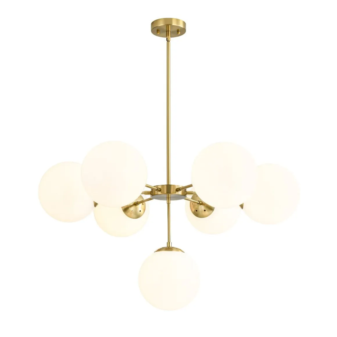 Mid-Century 7-light Brass Opal Glass Globe Sputnik Chandelier