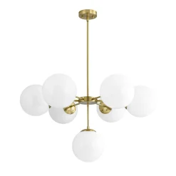 Mid-Century 7-light Brass Opal Glass Globe Sputnik Chandelier