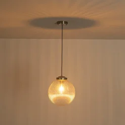 Mid-Century 1-Light Clear Ribbed Glass Globe Pendant