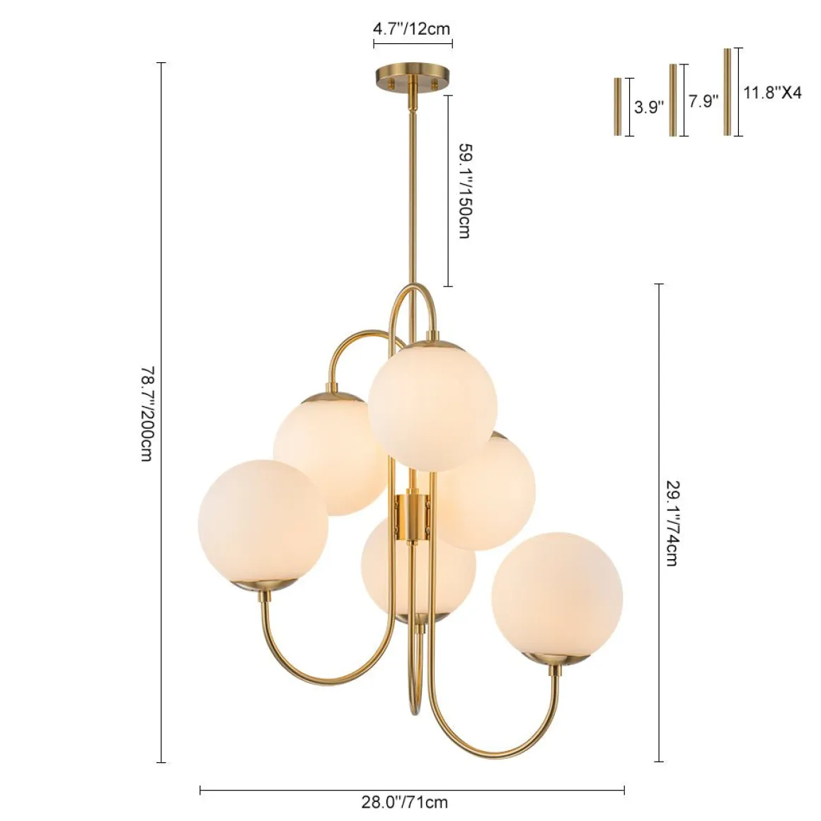 Mid-Century 6-Light Goose Arm Opal Glass Globe Tiered Chandelier
