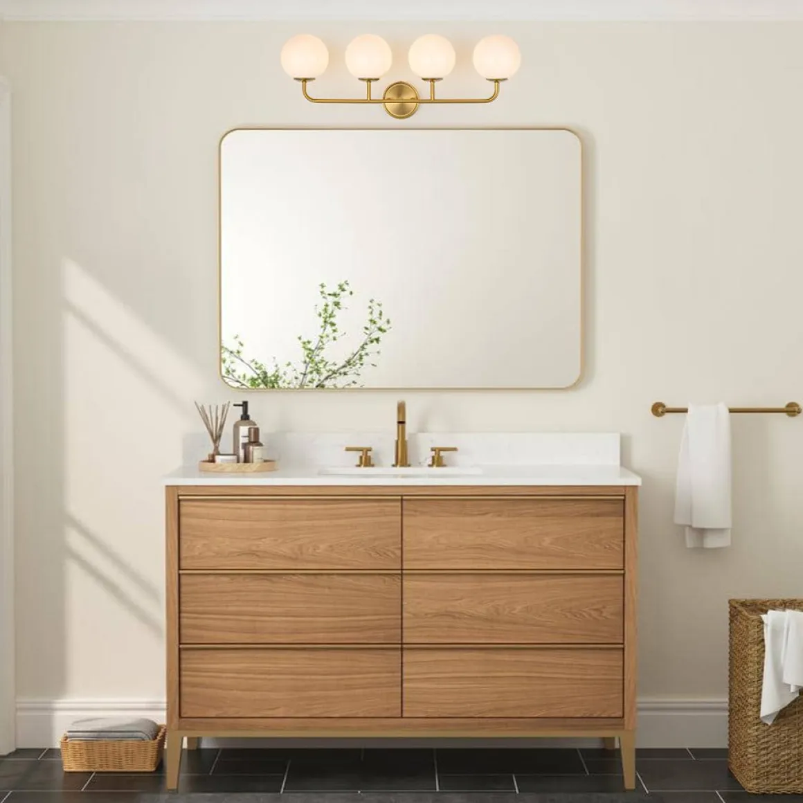Mid-century Shine Opal Glass Globe Brass Vanity Light