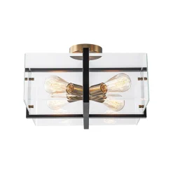 Modern Black Brass Clear Glass Square Cage Semi Flush Mount