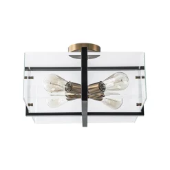Modern Black Brass Clear Glass Square Cage Semi Flush Mount